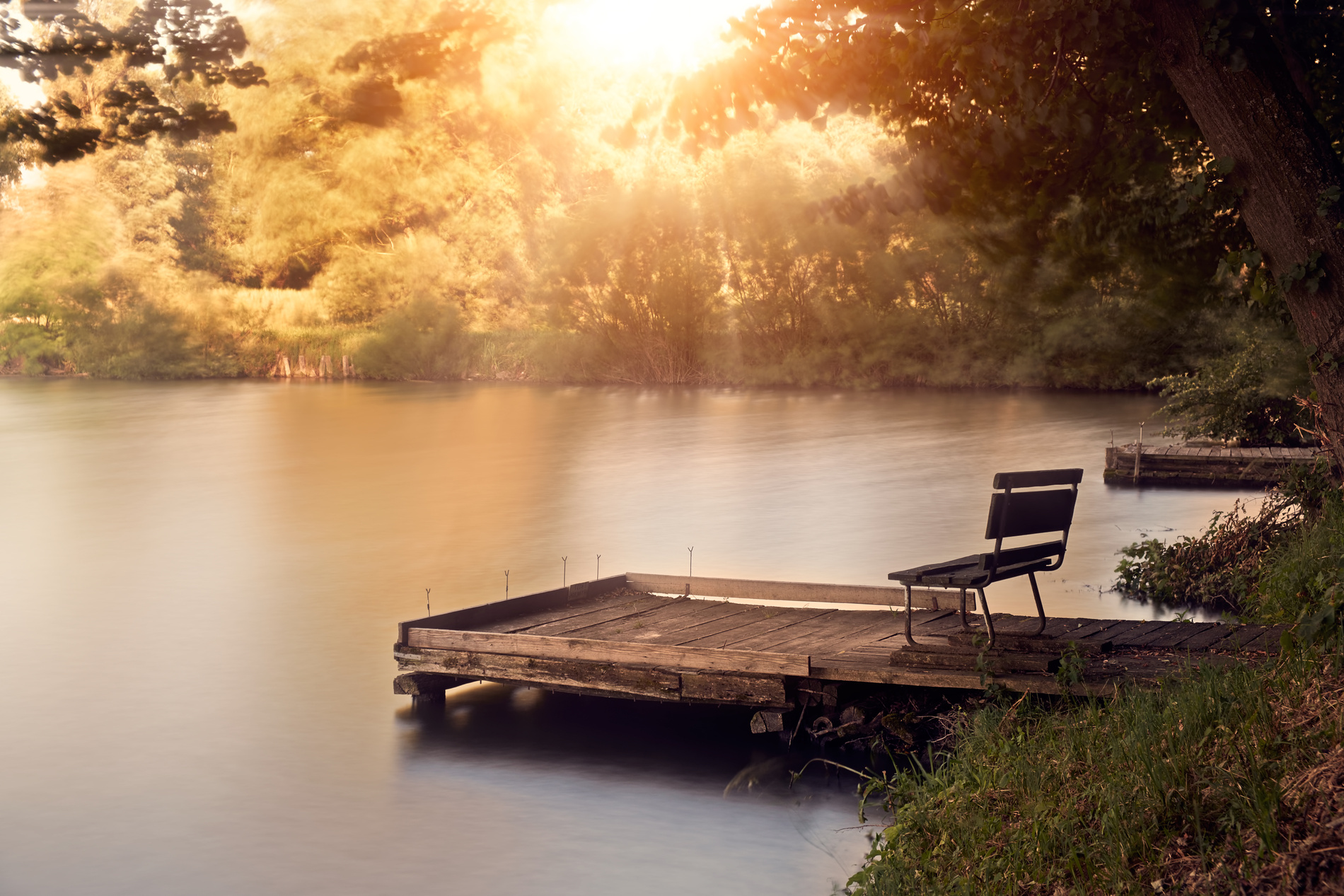 Lake Dock with Chair at Sunrise